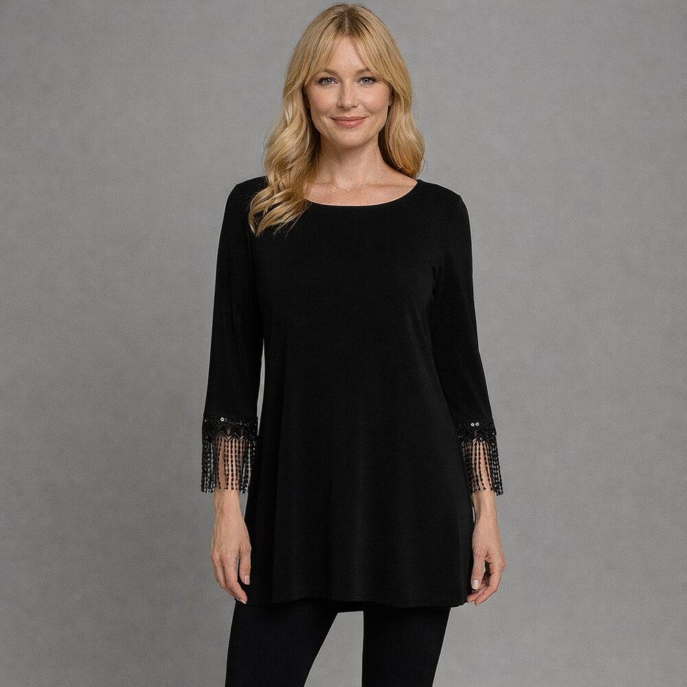 NWOT Alfani Black Tunic Top with Lace Fringe Sleeves, Size L